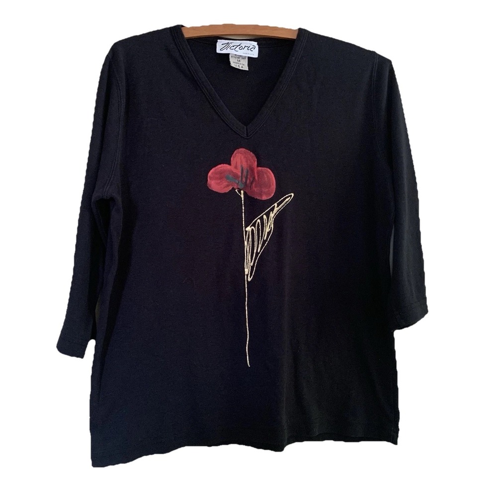 Victoria Women's Top Black T shirt Signed By Victoria 3/4 sleeves‎ M Made In USA